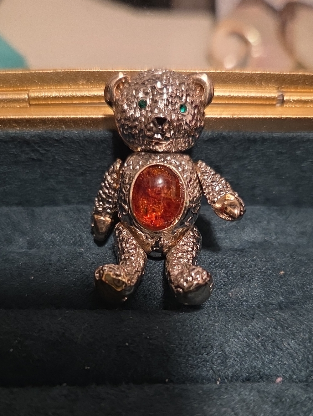 Silver Teddy Bear Brooch And Pendant with Amber Center and Green Eyes